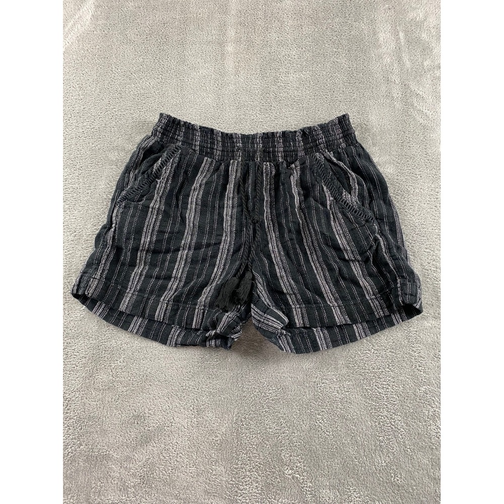 Briggs Womens Striped Pull On Shorts Black White Smocked Tassel Pockets Small